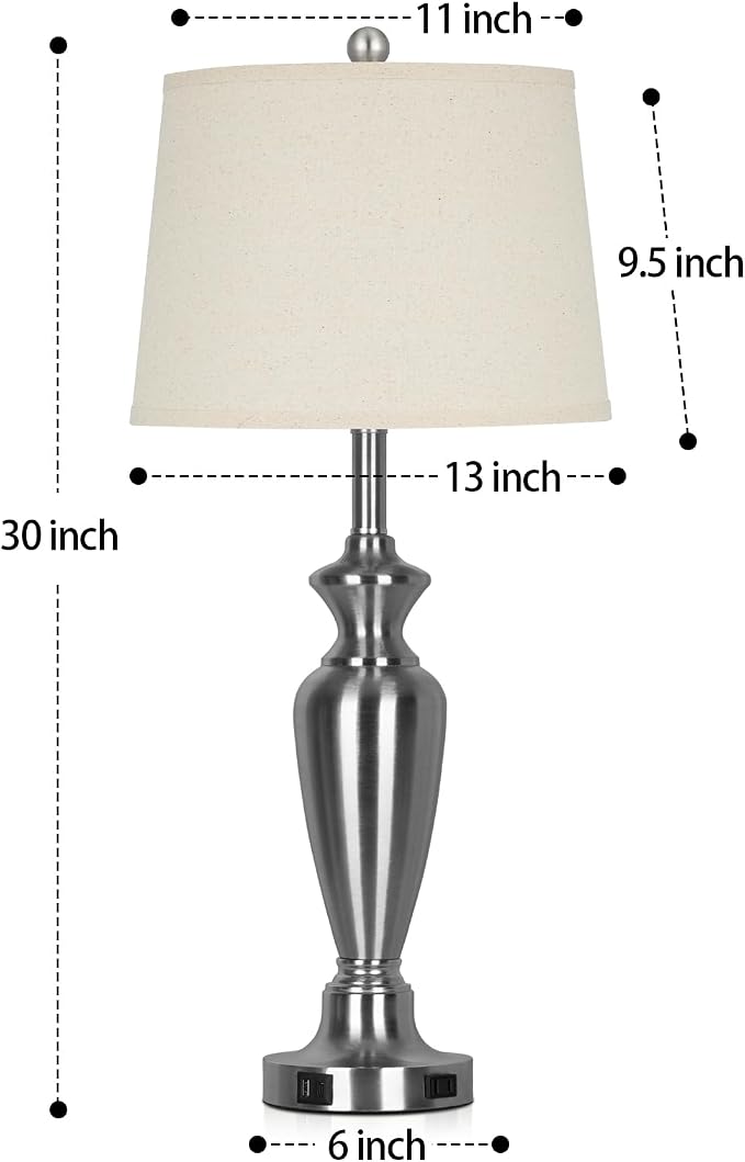 Cinyirong 30" Tall Silver Table Lamps Set of 2 for Living Room, 3-Way Dimmable Touch Control Bedside Lamps for Bedroom Nightstand with USB A+C Ports & AC Outlet (2 LED Bulbs Included)