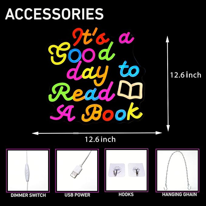It's a Good Day to Read a Book Neon Sign Classroom Neon Lights for Wall Decor Reading Corner Led Sign Dimmable Library Signs for Bedroom Classroom Bookish Room Gift for Book Lovers