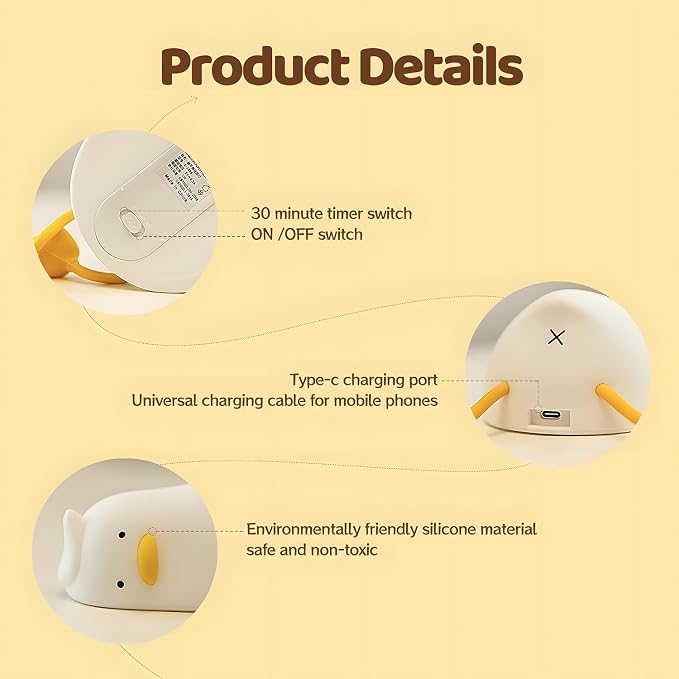 Rytinazzz Silicone Night Light for Kids, 50H Long Battery Duck Lamp (Lying), Gift for Kids, Soft Dimmable Bedside Light, Rechargeable Tap Control