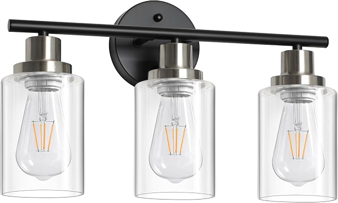Modern Bathroom Light Fixtures, 3 Light Vanity Lights, Black and Brushed Nickel Wall Lamp with Clear Glass for Bathroom, Mirror, Living Room, Bedroom, Hallway, E26 Base