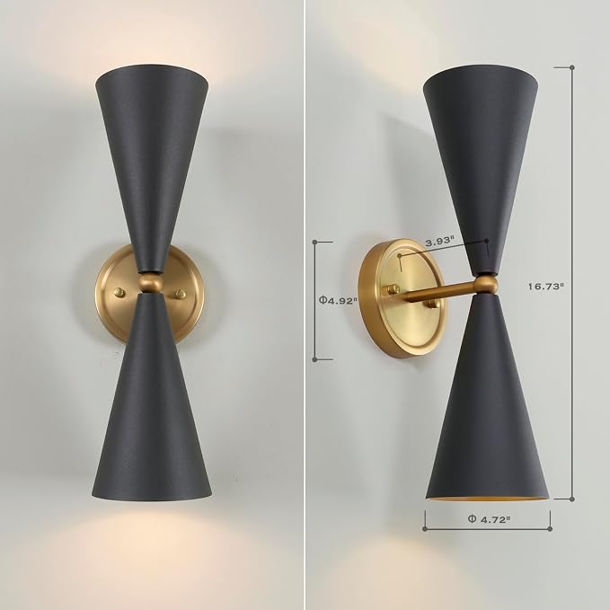HEQIQEH Vintage Battery Operated Black and Gold Wall Sconce, Up and Down Wall Light Fixture with Remote Control Dimmable Cordless Wall Lamp for Indoor Bedroom, Living Room, Restroom Stairs(1-Pack)