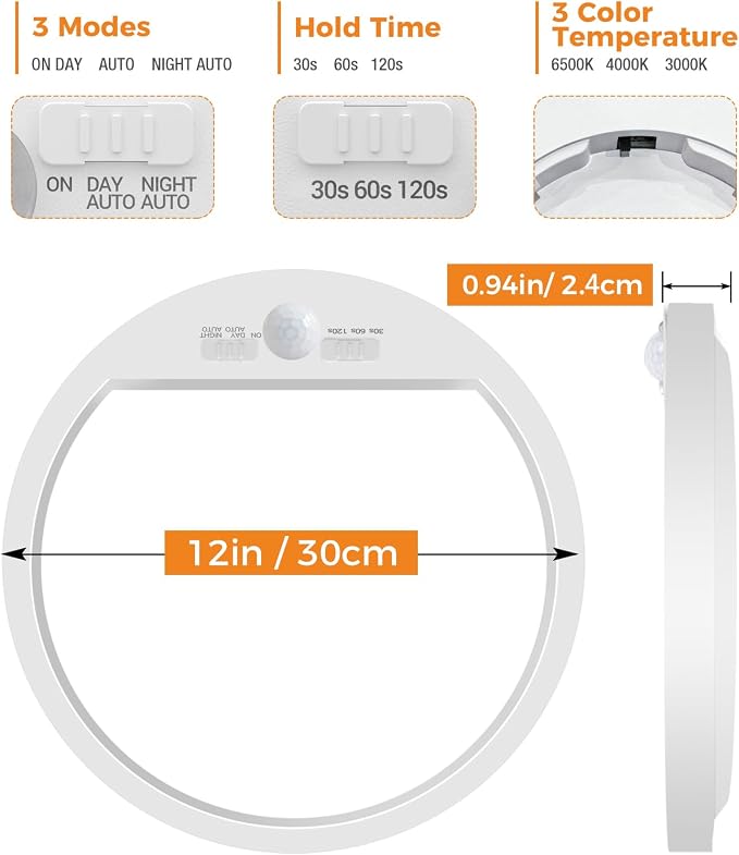 slochi 2Pack Motion Sensor Light Indoor Wired, 12 Inch 3000K/4000K/6500K Closet Lights Motion Sensored, 24W 2400LM Flush Mount Ceiling Light for Hallway Pantry Stairwell Porch, White