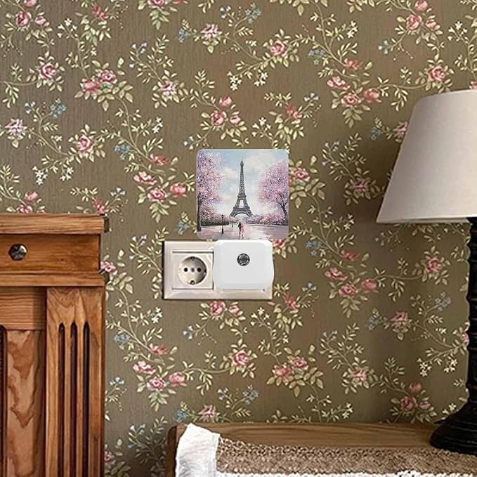 Eiffel Tower Night Lights Plug into Wall Pink Trees and Couples in Paris Night Light with Dusk to Dawn Sensor for Home Bedroom Bathroom Living Room 0.5W Sleep-Friendly