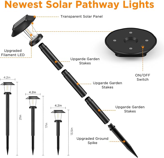Solar Pathway Lights Outdoor, 10 Pack Warm White Tungsten Filament Solar Lights, 3 Lighting Modes, Auto On/Off, IP65 Waterproof, Dusk to Dawn Solar Garden Lights for Yard, Driveway, Lawn & Landscape