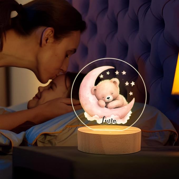 Personalized Bear Night Light - Custom Name, Cute Acrylic LED Light Lamp with Wooden Base for Bedroom Decor, Gifts for Kids Girls Boys