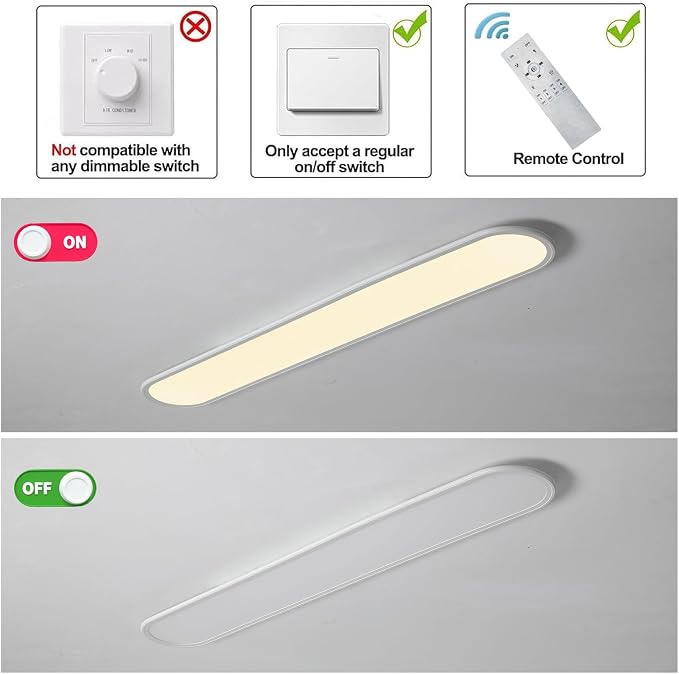 55-Inch Dimmable LED Linear Ceiling Light, 60W Low Profile | Ultra-Thin 1.38-Inch White Fixture with Remote, 3000K-6000K, 10%-100% Brightness for Kitchen, Hallway, Closet and Laundry