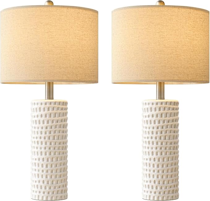 PORTRES 24" Farmhouse Ceramic Table Lamps Set of 2 for Bedroom Living Room | Bedside Lamps for Nightstand, Modern White Living Room Lamp Reading Office Dorm Accent End Table Lamps for Night Stands Decor