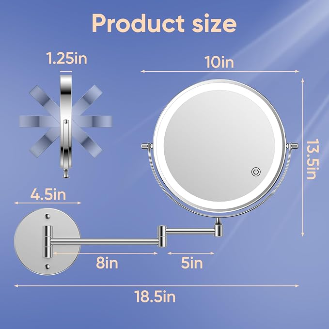 FUNTOUCH 9" Rechargeable Wall Mounted Makeup Mirror with Lights 1X/30X | 5000mAh Double Sided Magnifying Mirror with Dimmable 3 Color Light, Extended Arm 360° Wall Mount Bathroom Mirror-Chrome