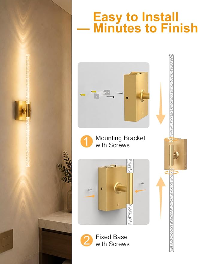 Rechargeable Wall Sconces Set of 2, Gold Crystal Bubble Wireless Wall Light | 10000mAh, Remote Control, 3000K-6000K Dimmable, 360° Adjustable, Ambient Lighting for Living Room, Bedroom, Picture, Bathroom