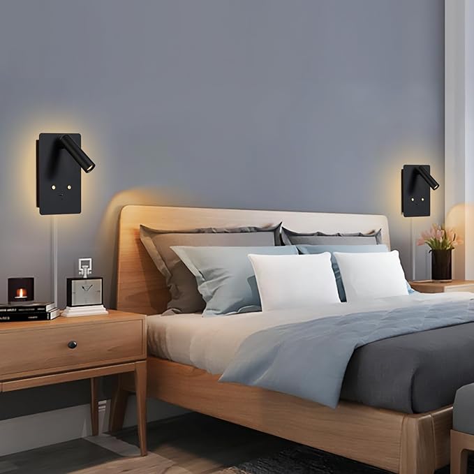 ZEROUNO Dimmable Wall Mounted Reading Light Set of 2,Adjustable Headboard Plug in Wall Sconce with USB A+C Ports,Touch Control Wall Light for Bedroom Bedside Lamps
