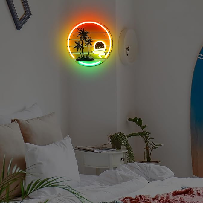 Tropical Neon Sign 11.8 Inch Palm Tree Sunset Neon Light for Wall Decor Colorful LED Light up Bar Signs for Bedroom Bar Beach Theme Restaurant Party Decor Gift