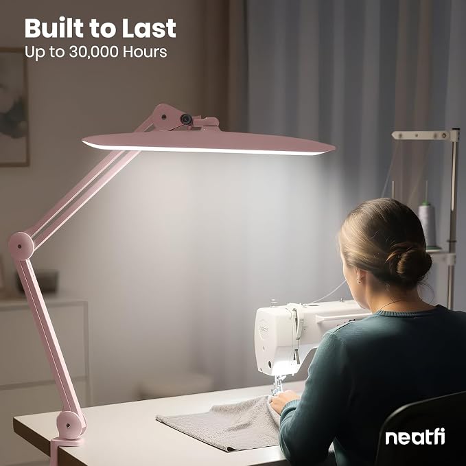 Neatfi XL 2200 Lumens 24W LED Desk Lamp – Shadow-Free Task Lighting | 4-Level Dimming | Home Office & Crafts Use | 20-Inch Wide Head (Rose Gold, Non-CCT with Clamp)