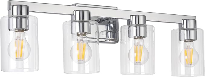 4-Light Bathroom Light Fixtures with Clear Glass, Chrome | Vanity Lights, Modern Wall Sconces, Over Mirror for Bathroom, Powder Room, Living Room
