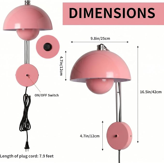 COSYLUX Mid-Century Modern Bud Plug in Wall Sconces for Bedroom, Light Pink | Indirect lighting reading wall lamp, all-metal construction, plug-in or hardwired install, fits bedroom bedside, living room