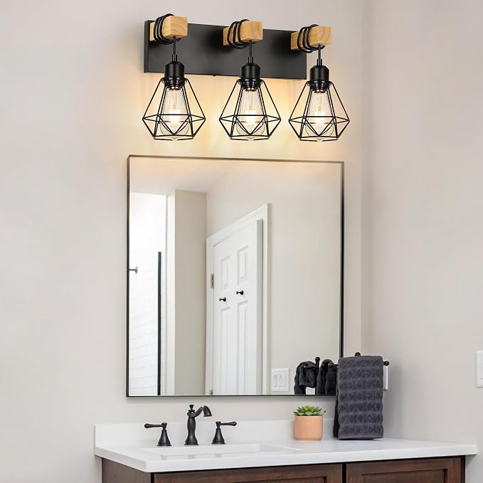 foucasal 3-Light Farmhouse Vanity Lights, Rustic Wood Bathroom Light | Black Metal Cage & Wood Vanity Light Fixtures Over Mirror, Wall Sconce Lighting for Bathroom Bedroom Hallway Living Room
