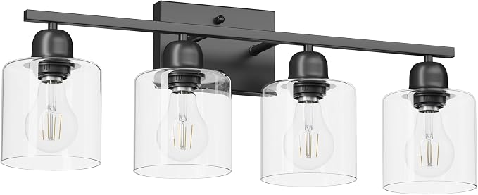 Modern 4 Light Bathroom Light Fixtures, 24 inch Black Vanity Lights for Bathroom with Clear Glass, Bathroom Vanity Light for Mirror Kitchen Living Room Hallway Cabinet Porch