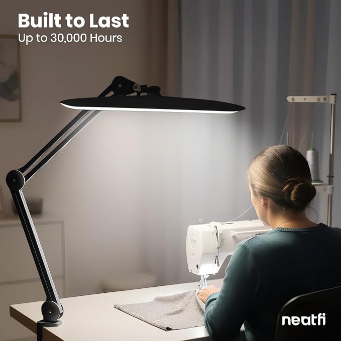Neatfi XL 2200 Lumens 24W LED Desk Lamp – Shadow-Free Task Lighting | 4-Level Dimming | Home Office & Crafts Use | 20-Inch Wide Head (Black, Non-CCT with Clamp)