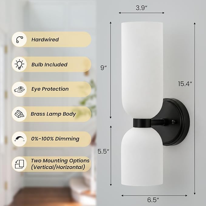 Mid Century Bathroom Wall Sconce: Set of 2 Modern Milk Glass Black Lights | Frosted Milky White Indoor Dimmable Lighting Fixture with Bulb, Brushed Brass Double Vanity Sconces for Bedroom Living Room