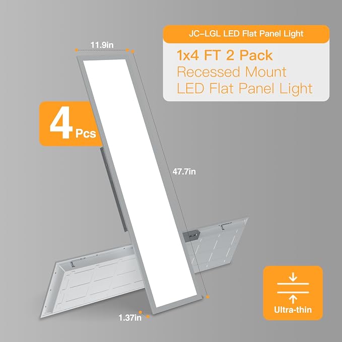1x4 LED Flat Panel Light,Selectable 5CCT,0-10V Dimmable,5200LM,4Pack | Recessed Mount,3000K/3500K/4000K/5000K/6500K,20W/25W/30W/35W/40W, 1x4FT LED Drop Ceiling Fixture for Office,School,ETL Listed