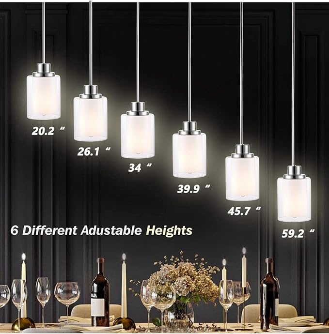 1-Light Mini Pendant Light Fixtures, 2-Pack Modern Hanging Ceiling Light, Adjustable Height, Brushed Nickel Pendant Lighting with Dual Glass for Kitchen Hallway