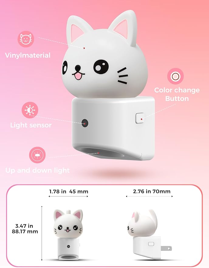 L LOHAS LED Night Light for Kids, 3D Cat Night Light Plug in | Dusk to Dawn Nursery Night Lights, RGB+Soft White 3000K, 3 Lighting Modes, Room Decor, Children