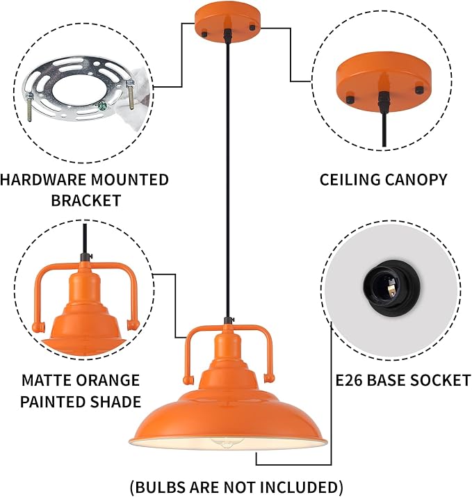 Farmhouse Pendant Light, 2 Packs 12.5inches Orange Kitchen Pendant Lights, Island Pendant Lights, Modern Pendant Lights, Pendant Light for Kitchen, Living Room, Bedroom, Hallway