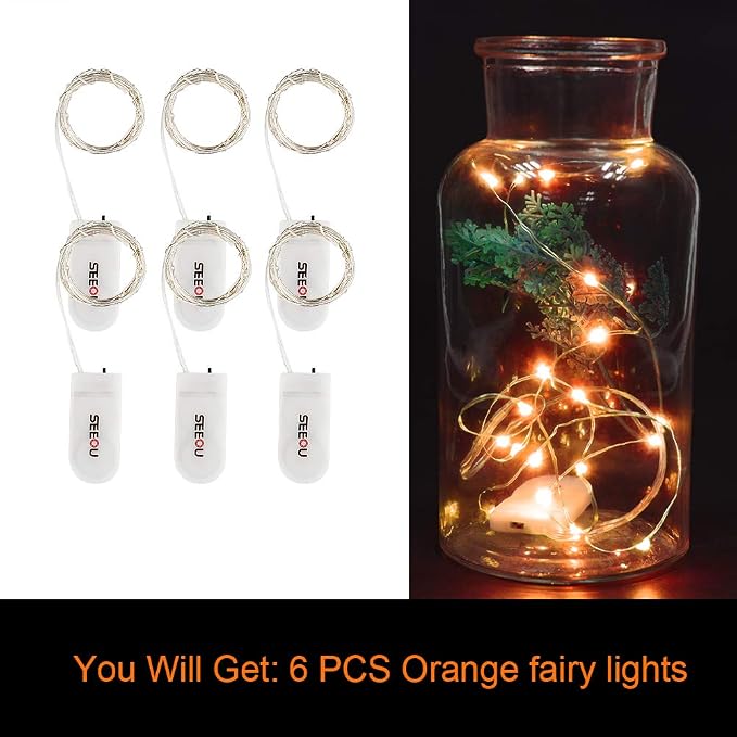 YKB 6 Pack Orange Fairy String Lights Battery Operated Fairy Lights Starry String Lights on 3.3ft/1m Silvery Copper Wire DIY Christmas Decoration Costume Wedding Party Halloween Easter
