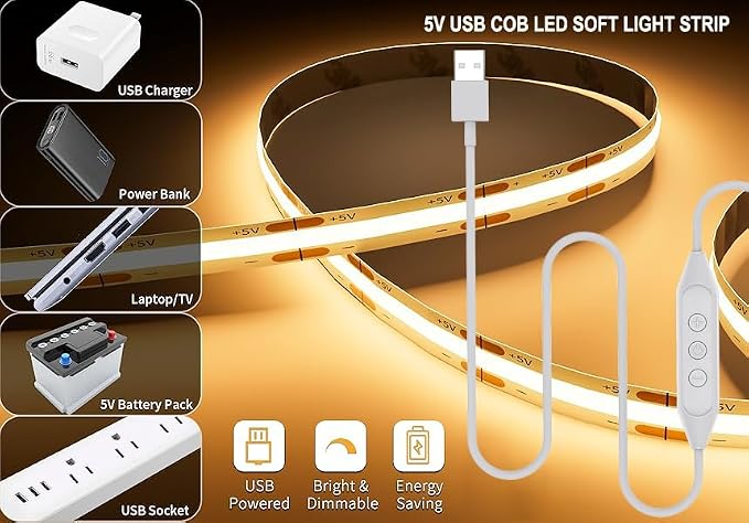 6FT USB COB LED Light Strip, Cuttable Behind TV Backlight, Bright Warm White 5V Strip Lights for Bedroom Kitchen, Small Short Dimmable LEDs Strips Under Bed Cabinet, Luces LED para TV Cocina Cuarto