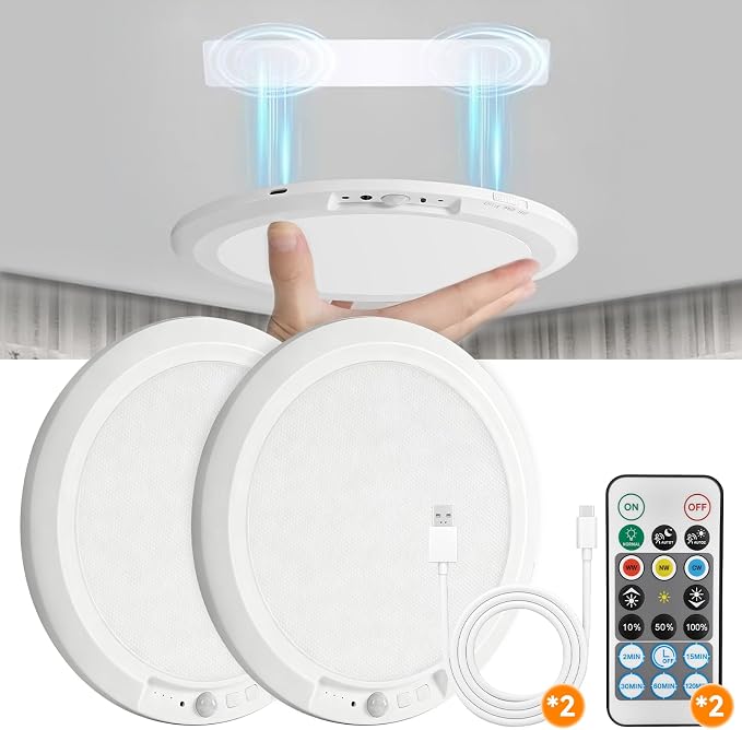 10000mAh Rechargeable Ceiling Light 2 Pack, Battery Operated Motion Sensor Closet Light with Remote, 3 Color Temperatures Dimmable Magnetic Mount for Closet Shower Hallway (2, White)