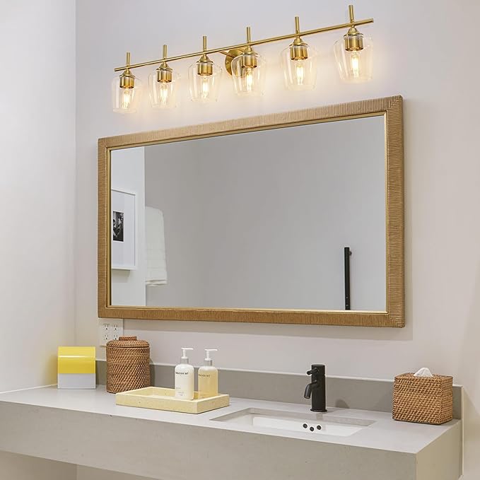 Bathroom Vanity Light Fixtures, Bathroom 6-Lights Over Mirror Modern Vanity Lighting with Clear Wine Glass Shade Wall Lamp for Bedroom Hallway Living Room (Gold, 6-Light)