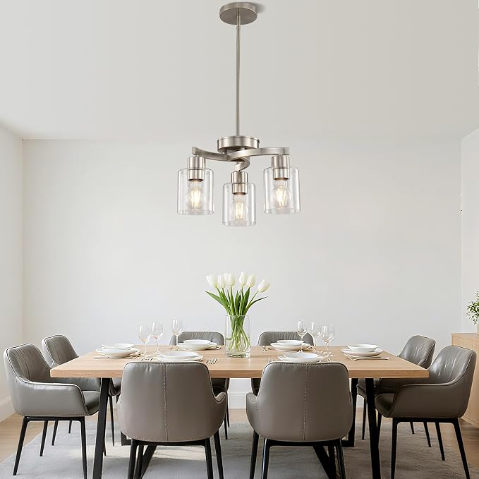 Modern Dining Room Chandelier, 3-Light Brushed Nickel Pendant Light | Industrial Pendant Light, Clear Glass Shade, Adjustable Height, E26, Dimmable