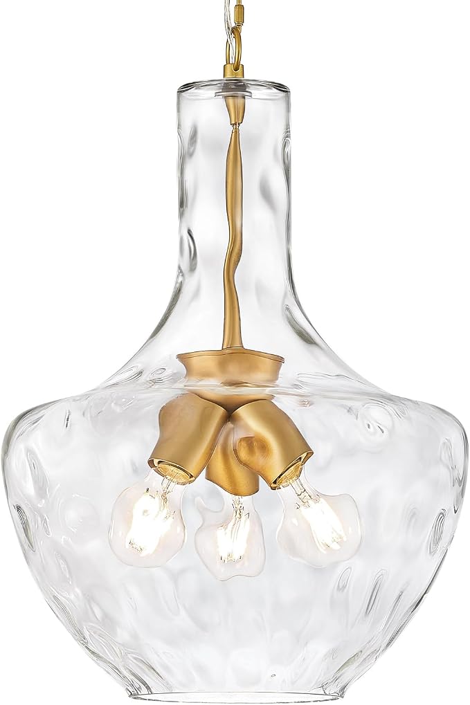 Modern 3-Light Gold Pendant Light Hammered Glass Kitchen Island Light Large Glass Pendant Lights Over Sink Brass Hand-Blown Glass Hanging Light for Kitchen Dining Room Hallway Entrance