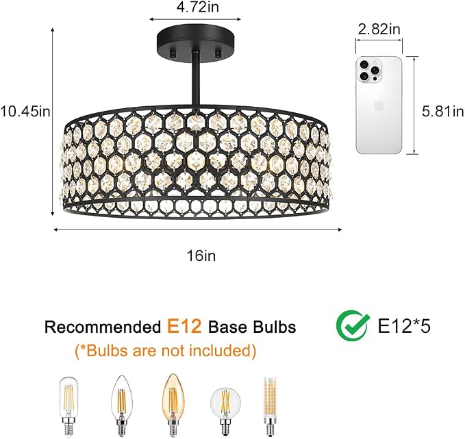 Lxybcce Black Crystal Ceiling Light Fixture - Modern Semi Flush Mount Ceiling Chandelier Lighting for Kitchen, Dazzling Prism Chandelier for Bedroom, Bathroom, Dining Room, 5 Light, 16 in