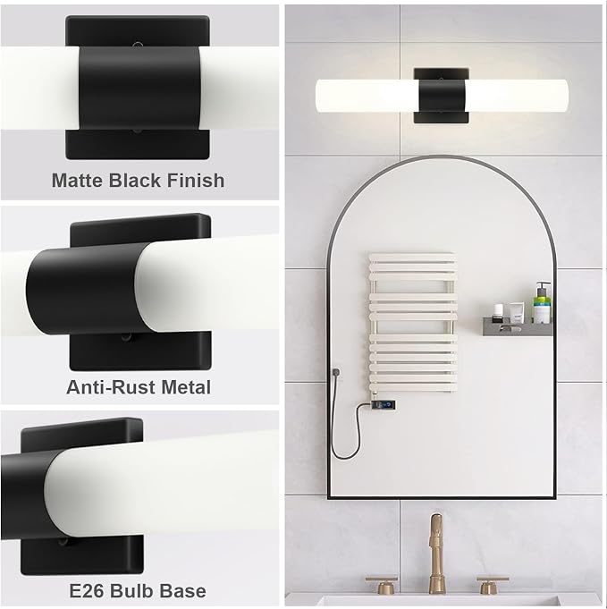 Wall Sconces Set of Two, Modern 21" Vanity, Frosted Glass, Black | Indoor Wall Light Fixture. For Bathroom, Mirror, Bedroom, Living Room, Hallway. Mounting Hardware Included. Easy To Install.