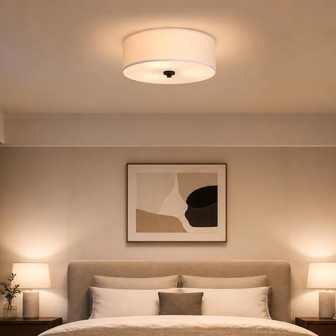 16" Semi Flush Mount Ceiling Light,E26 3-Light,White Drum,Modern | Close to Ceiling Light with White fabric shade,Great for Living Room,Dining Rooms,Bedroom,Kitchen, Bulbs NOT Included