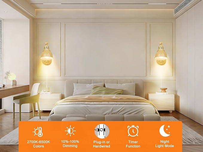 GOODATE 1 Pack Plug in Wall Sconce with Remote Control, Dimming, Adjustable Colors 2700K-6500K, Plug in Wall Light, Swing Arm Wall Lamp with Night Light & Timer, LED Bulb Included, Oak Finish