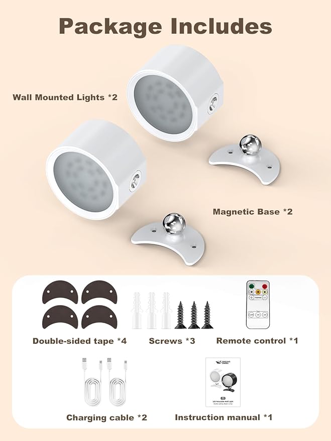 Smiling Shark Wall Light F9, Rechargeable Wall Mounted Lamp LED 3 Color & 4 Brightness Stepless Dimming 360ยฐ Rotate Magnetic Ball Cordless Wall Sconce Lamp for Bedroom Reading Bedside (2, White)