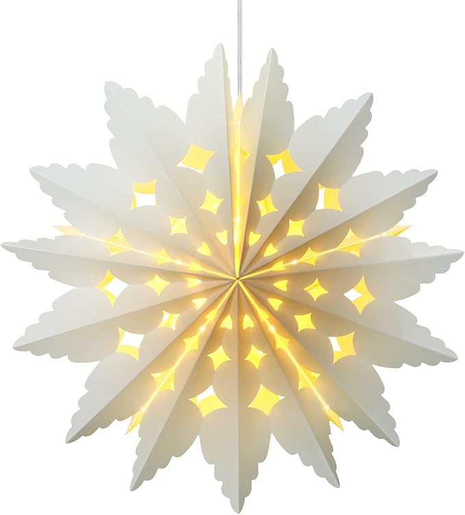 23.6 Inch Christmas Star Snowflake Paper Lantern with Light Timer Paper Lamp Party Supplies Hanging Decoration for Weddings Christmas Trees Birthday Holiday Party Celebration (Elegant Style)