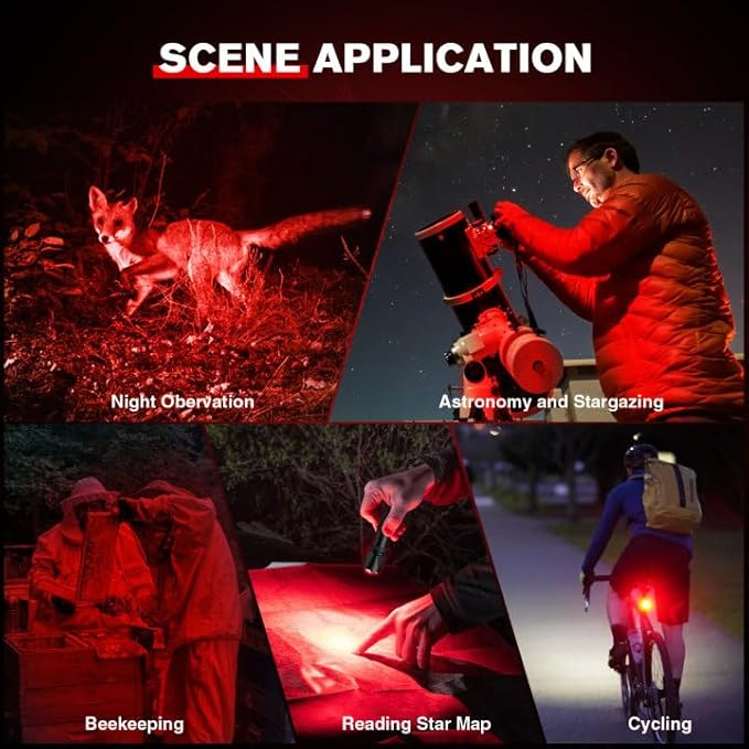 RECHOO Red Light Flashlight, High-Powered 3 Modes Red LED Rechargeable Flashlights with Clip & Lanyard, Zoomable and Portable Red Flashlights for Hunting, Astronomy, Aviation, Night Observation