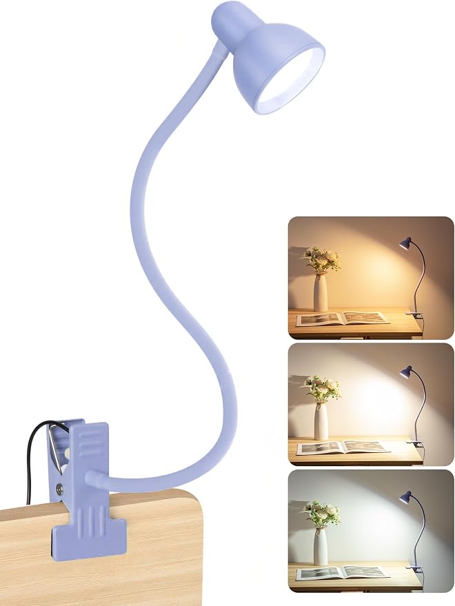 Clip on Lamp USB Reading Light, 3 Color Modes Purple | 10 Brightness Dimmable, Flexible Gooseneck Desk Lamp with Clamp, Eye Care Clip on Light for Bed Headboard Desk Home Dorm