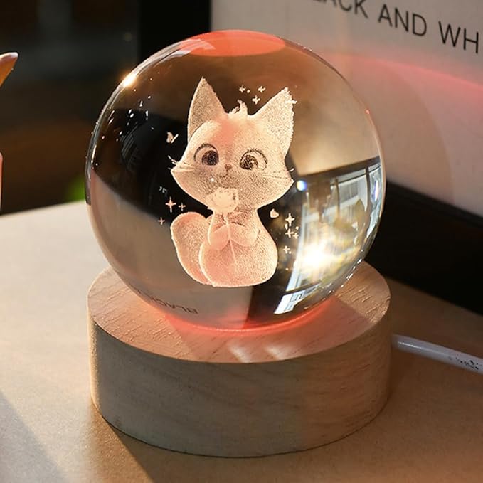 3D Cat Crystal Ball Cat Lovers Gift Cat Themed Present Novelty Cat Holding Rose Gift for Girlfriend Cat Decorative Ball 60mm with Colorful Light Base