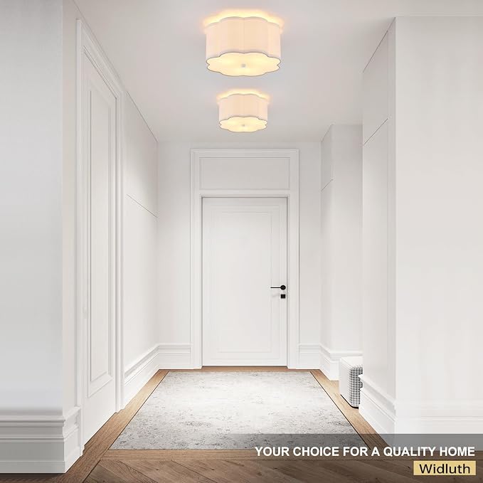 13" Modern White Semi Flush Mount Ceiling Light Fixture, 3-Light | White Linen Petal Shade, Modern Style For Bedroom, Hallway And Kitchen; Close-To-Ceiling, E26, Dimmable, Easy Install
