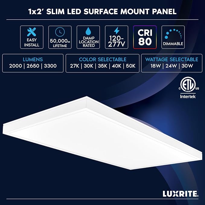 LUXRITE 1x2 FT Slim Surface Mount Panel Recessed Lighting, 5 Color Temperature Options 2700K-5000K, Dimmable LED Panel Light, 2000/2650/3300 Lumens, 18W-30W, Edge Lit, Damp Rated, ETL Listed (2 Pack)