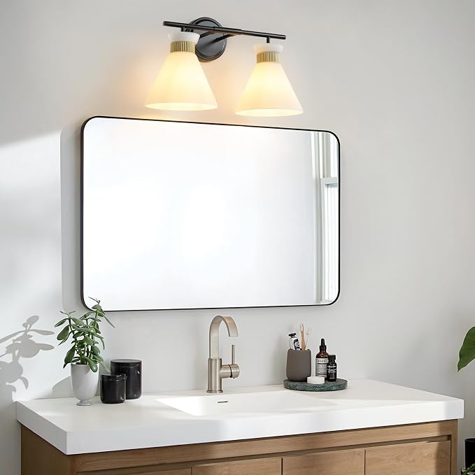 WOSHITU Bathroom Vanity Light Fixtures: 2-Lights Mid Century Modern Vanity Lights for Bathroom, Black and Gold Wall Sconce Lighting with Frosted Milky Glass for Over Mirror Bedroom Hallway
