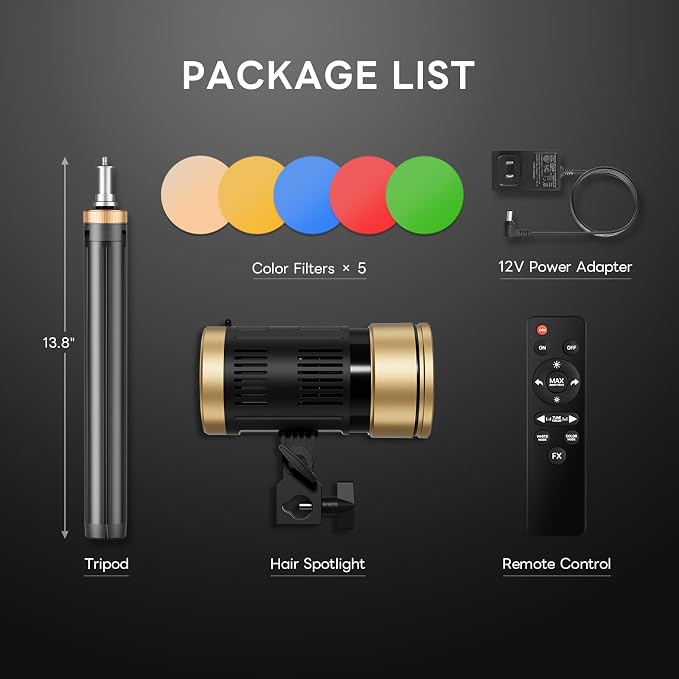 NiceVeedi 20W 5-Color Spotlight for Photography with 87” Tripod, 2800K-6500K Zoomable Photography Lighting with Remote & Cooling System, Hair Spotlight for Streaming, Video, Content Creators