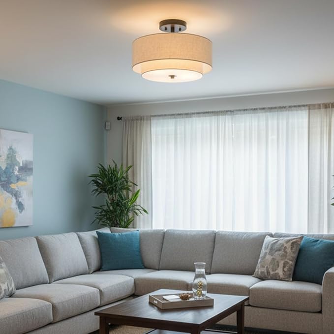 16" Semi Flush Mount Ceiling Light,3-Light,2-Layer Beige Linen Drum | Farmhouse Ceiling Light with Linen Fabric Shade,E26,Great for Living Room,Dining Rooms,Bedroom,Kitchen,Bulbs NOT Included