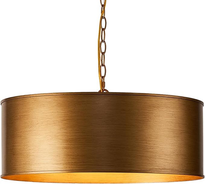 21" Vintage Metal Drum Chandelier, 4-Light E26 Industrial Adjustable Chain Hanging Pendant Light Fixtures for Foyer Entryway Kitchen Bedroom, Golden Bronze Finish
