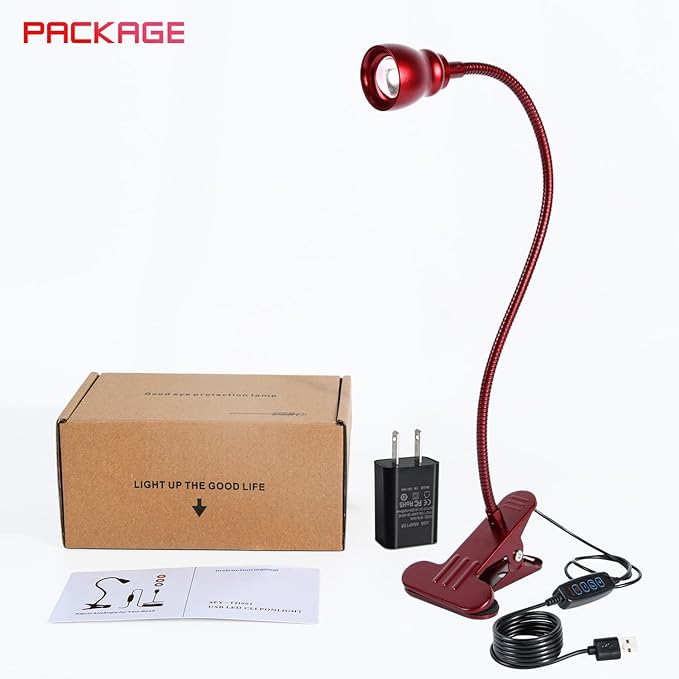 Zoomable Clip on Light, Clamp Reading Light for Dorm Bed Headboard, Dimmable Spotlight with 3 Color Temperature Options, 10 Dimmable Brightness Levels, Adjustable Beam Angle (Red)