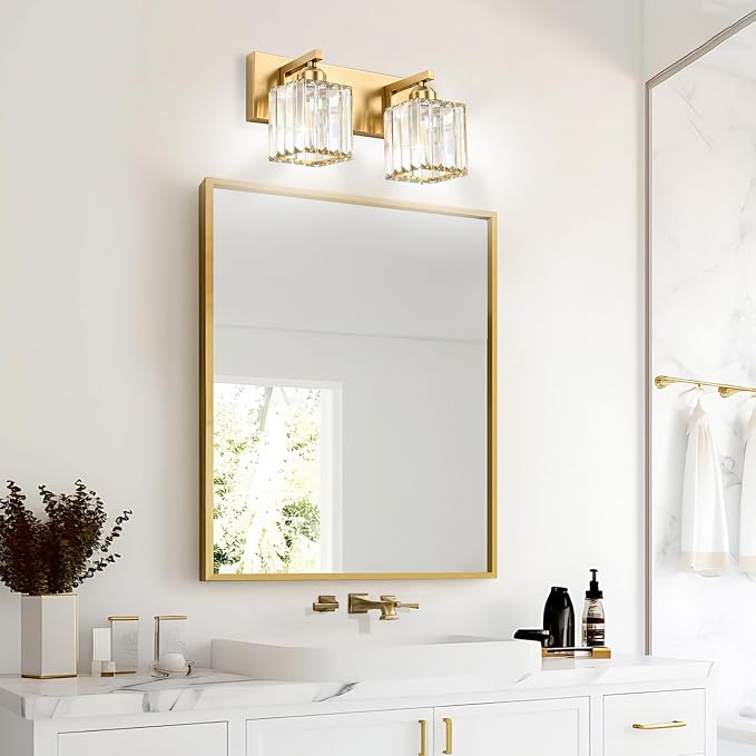 Gold Crystal Bathroom Vanity Light, 2-Light Modern Bathroom Lighting Fixtures Over Mirror,Chrome Wall Sconce Light Fixtures with Square Shade