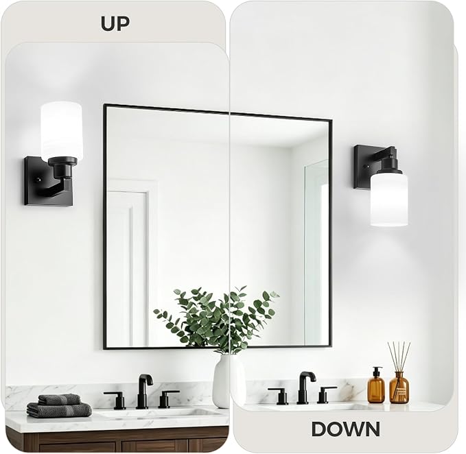 Set of 2 Wall Sconces for Bathroom, Black 1 Light Bathroom Vanity Light,Modern Wall Sconces Indoor with White Glass Shades,Farmhouse Wall Lamp for Bedroom Living Room Mirror Hallway